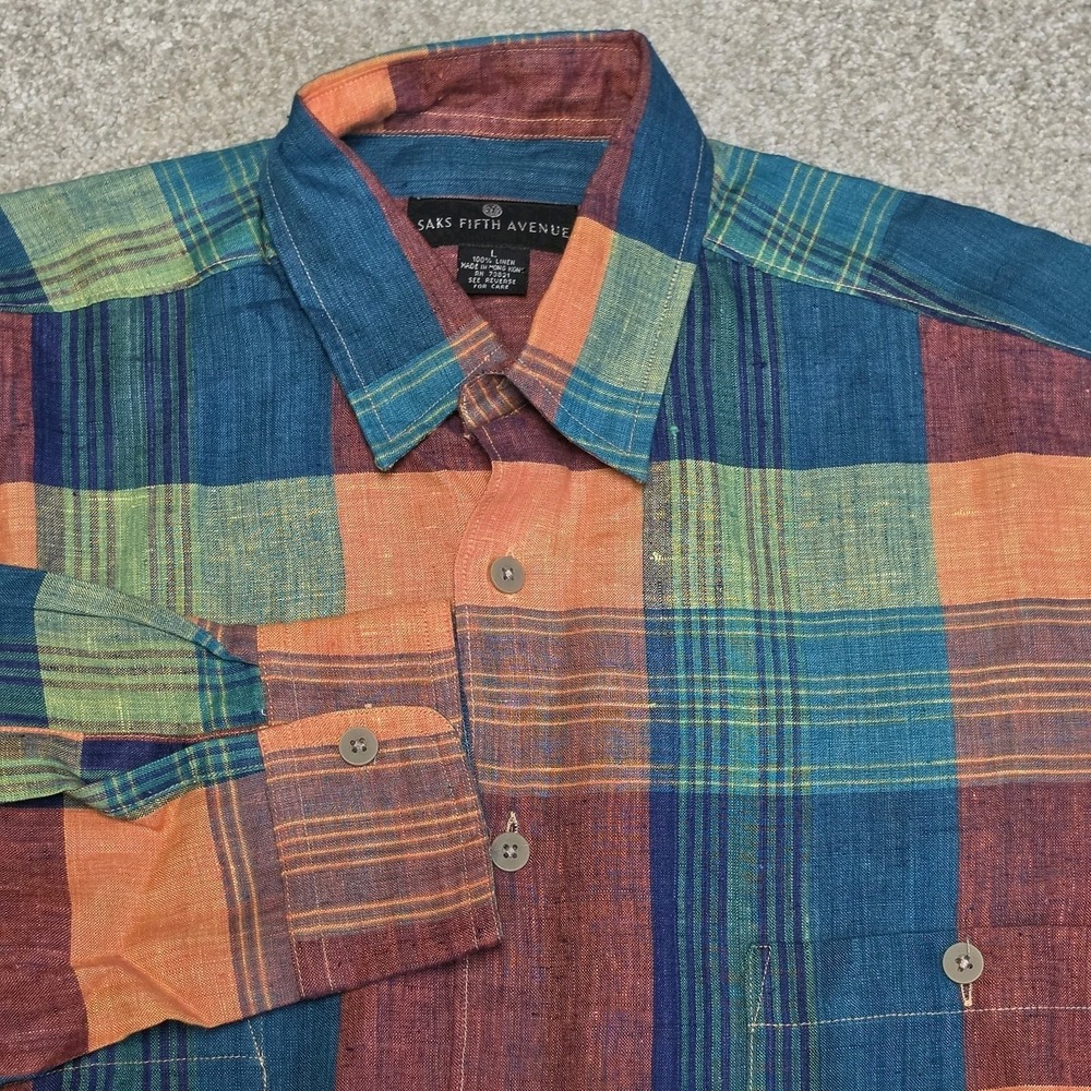Saks Fifth Avenue Mens Linen Plaid Button Front Shirt L Orange Blue Green NWT